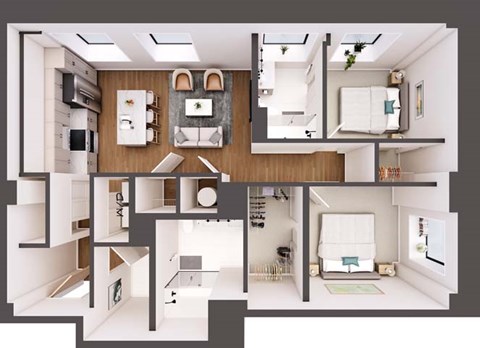 A collage of images showing a modern kitchen and living room.